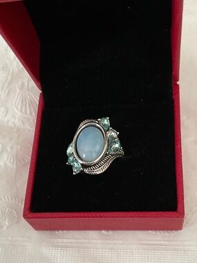 VINTAGE TURQOISE BLUE OPAL AND ZIRCONIA SILVER RING- SIZE 7